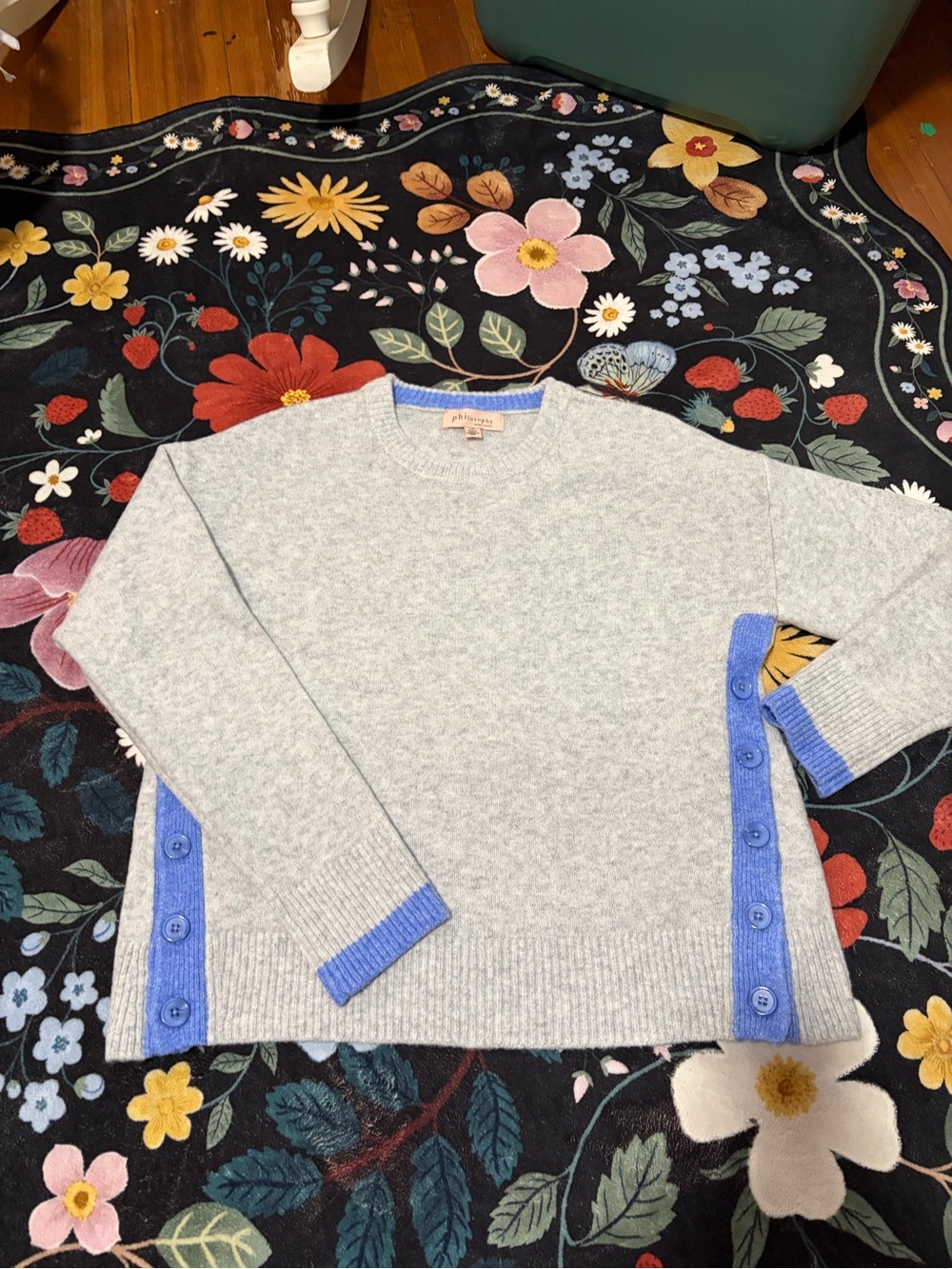 Philosophy Light Gray Crew Sweater with Blue Button-Trim
